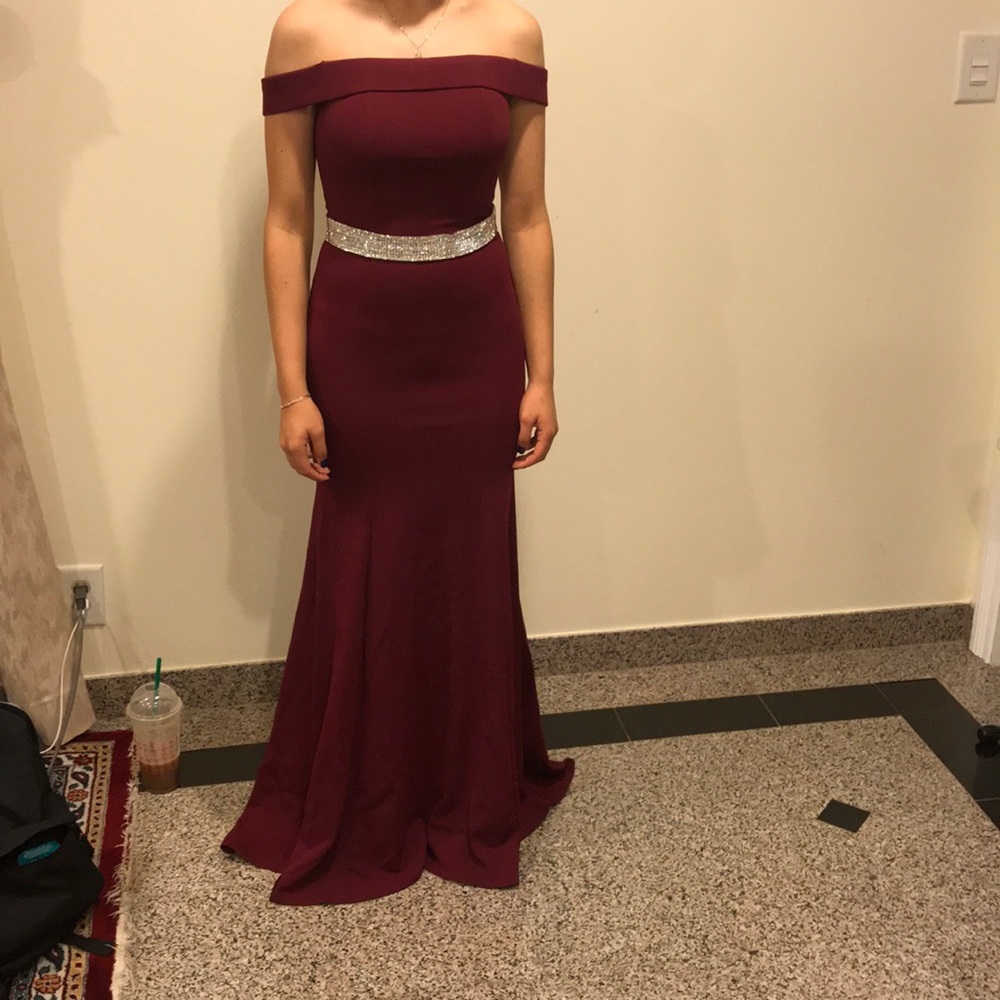 burgundy off the shoulder dress